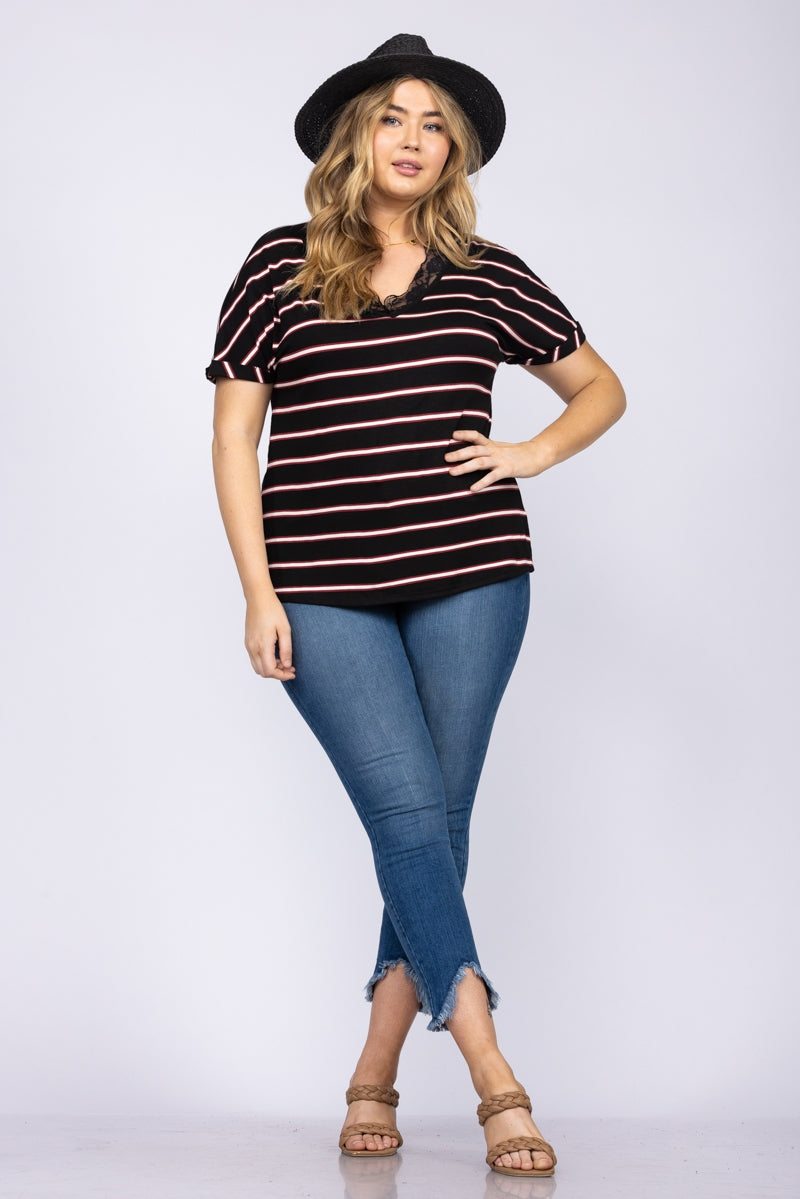 BLACK AND WHITE WITH RED STRIPES PLUS SIZE TOP T6620P