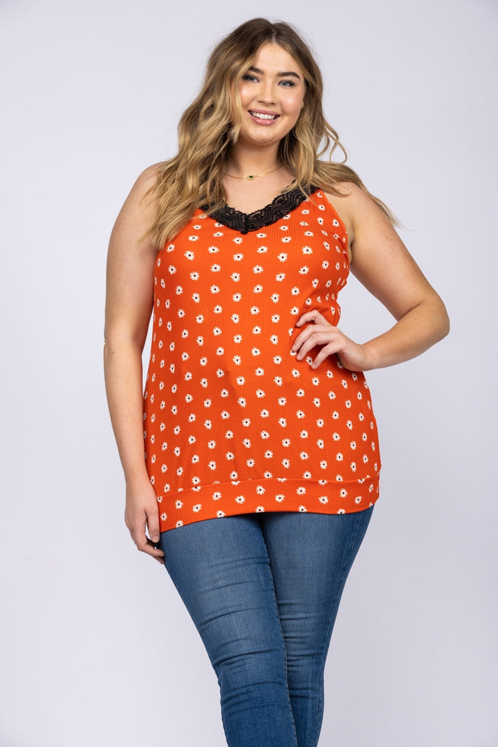 ORANGE LACEY NECKLINE SLEEVELESS DAISIES PRINT PLUS SIZE TOP-T6639P