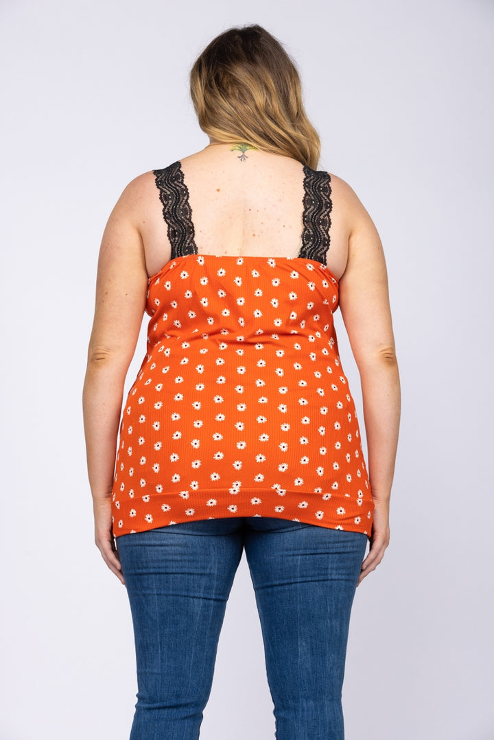 ORANGE LACEY NECKLINE SLEEVELESS DAISIES PRINT PLUS SIZE TOP-T6639P