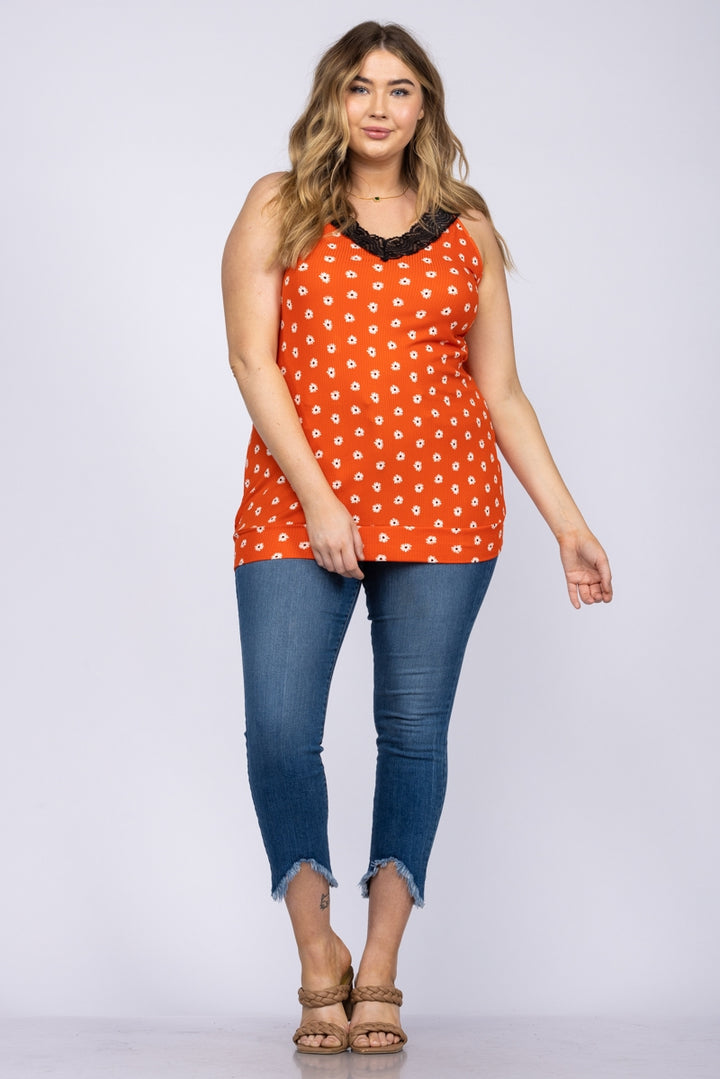 ORANGE LACEY NECKLINE SLEEVELESS DAISIES PRINT PLUS SIZE TOP-T6639P