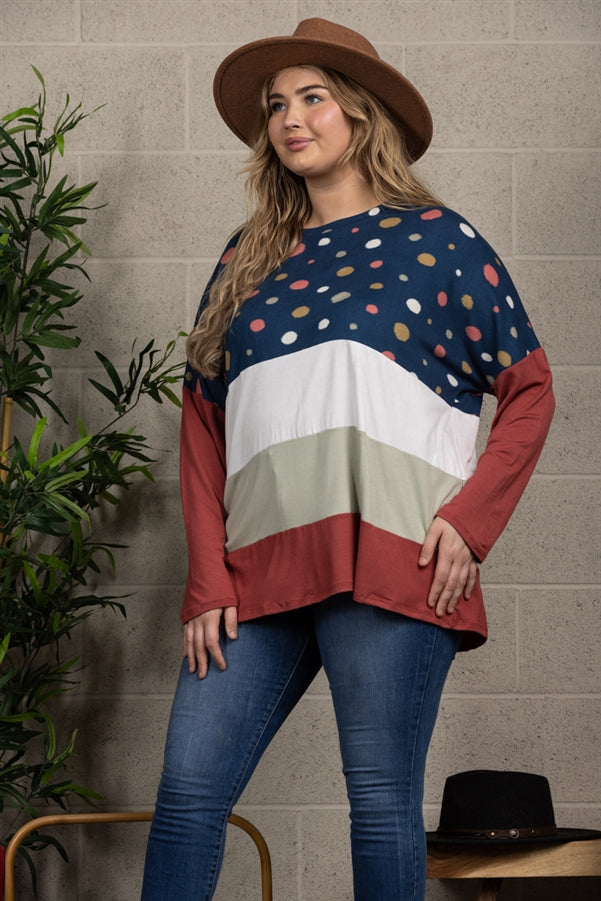 NAVY POLKADOT CONTRAST LONG SLEEVE PLUS SIZE TOP-CT33698