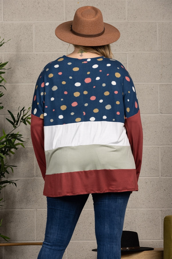 NAVY POLKADOT CONTRAST LONG SLEEVE PLUS SIZE TOP-CT33698