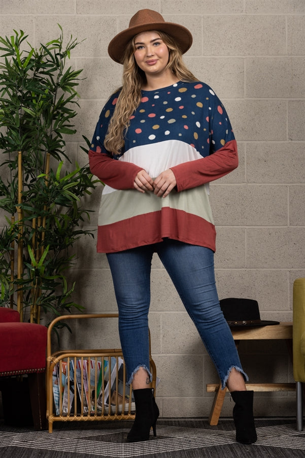 NAVY POLKADOT CONTRAST LONG SLEEVE PLUS SIZE TOP-CT33698