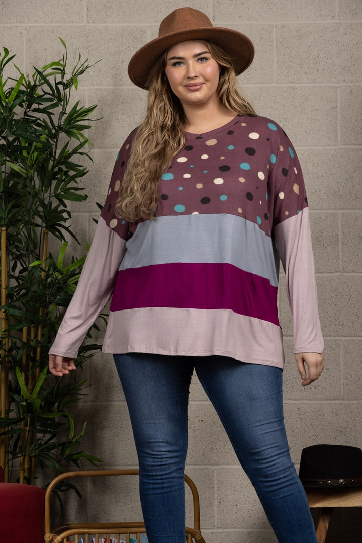 PLUM POLKADOT CONTRAST LONG SLEEVE PLUS SIZE TOP-CT33698