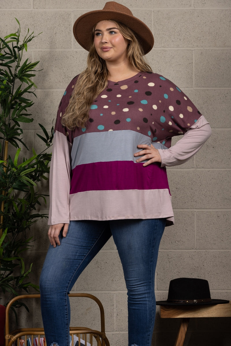 PLUM POLKADOT CONTRAST LONG SLEEVE PLUS SIZE TOP-CT33698