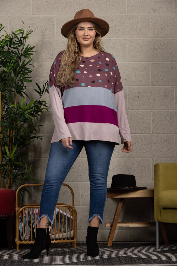 PLUM POLKADOT CONTRAST LONG SLEEVE PLUS SIZE TOP-CT33698