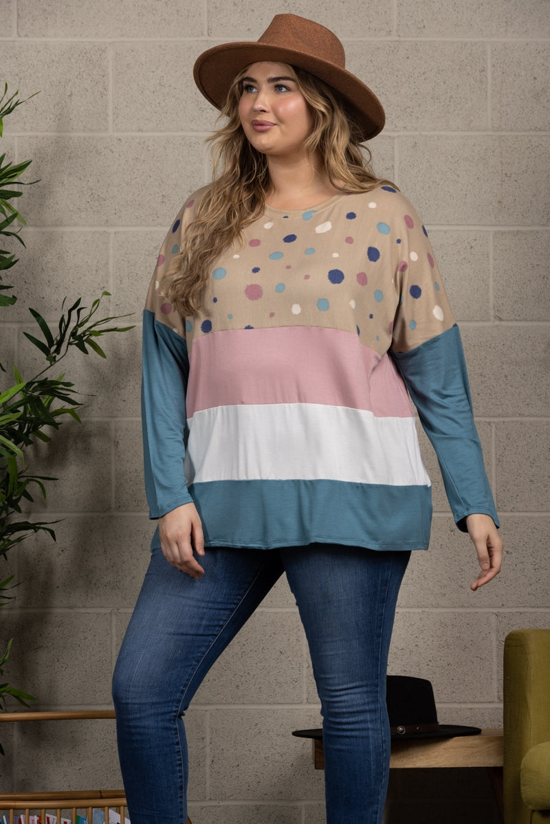 TAUPE POLKADOT CONTRAST LONG SLEEVE PLUS SIZE TOP-CT33698